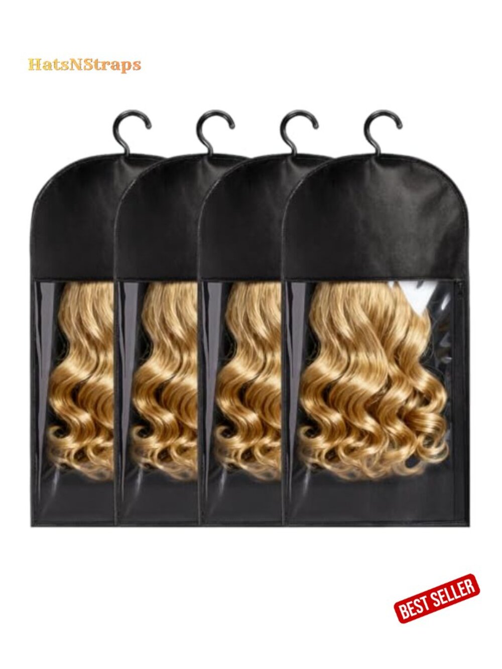 4 Pack Wig Storage Bags with Hanger, 24 Inch, Black